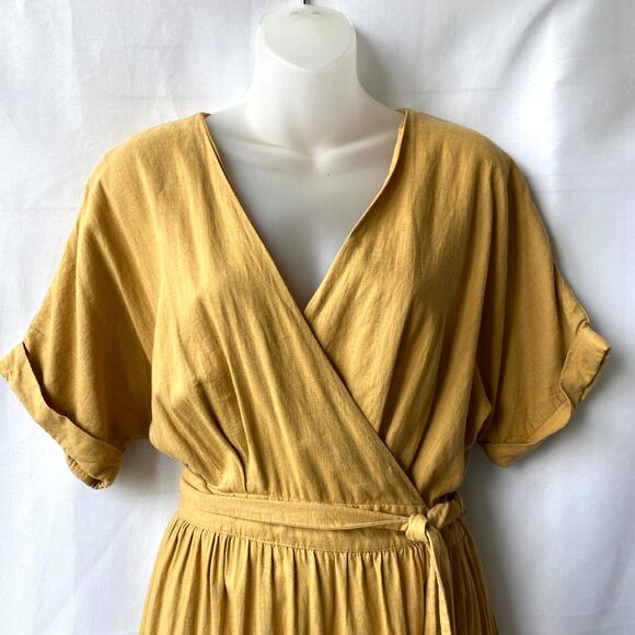 Urban Outfitters Gabriella Linen Blend Midi Wrap Dress M Mustard Gold Slouchy - Picture 5 of 11